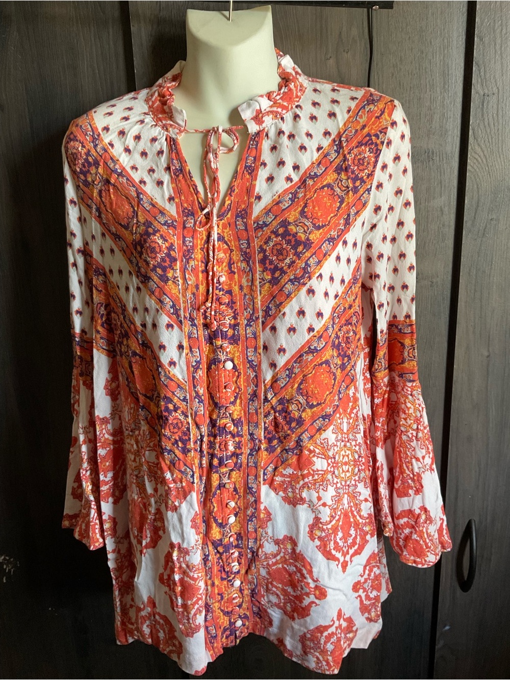 Free People Orange and Purple Boho Printed Tie-Neck Tunic